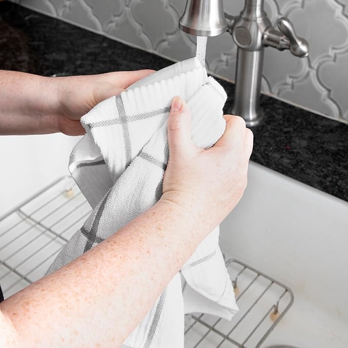 T-fal Solid & Checked Parquet Kitchen Towels: Highly Absorbent, Super Soft Long Lasting - 100% Cotton, 16"x26" Dish Towels for Cleaning & Drying Dishes, Pans, Glassware, or Countertops, (2-Pack), Gray