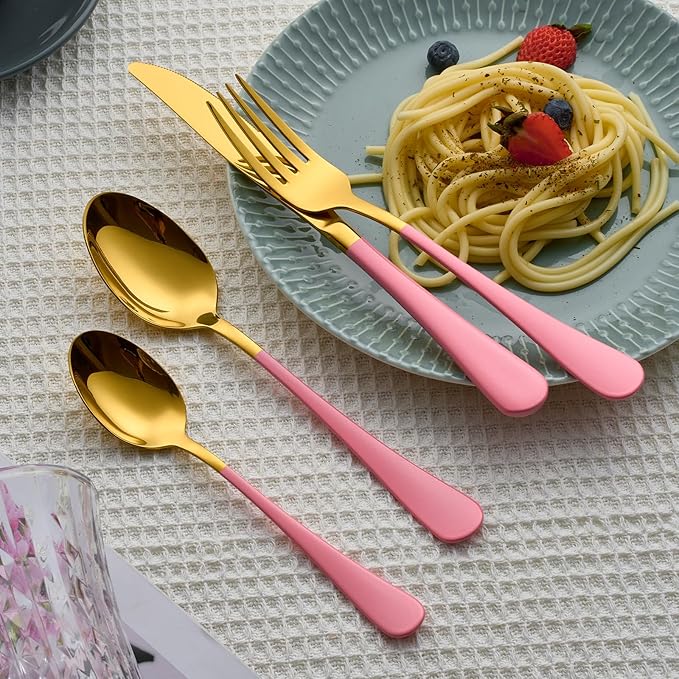 20 Piece Gold and Pink 18/0 Flatware Utensil Set for 4, Include Dinner Knife,Dinner Forks,Dinner Spoons,Salad Forks,Teaspoons,Silverware Set for 4, Dishwasher Safe