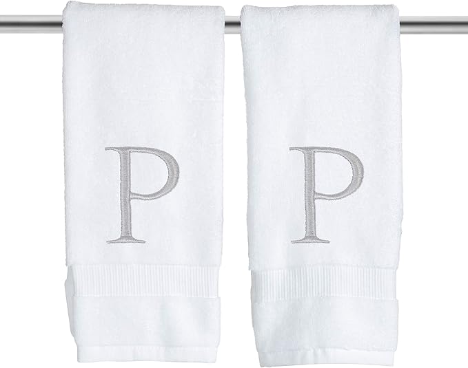 Monogrammed Hand Towels for Bathroom - Luxury Hotel Quality Personalized Initial Decorative Embroidered Bath Towel for Powder Room, Spa - GOTS Organic Certified - Set of 2 Letter P