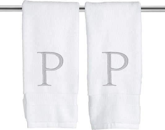 Monogrammed Hand Towels for Bathroom - Luxury Hotel Quality Personalized Initial Decorative Embroidered Bath Towel for Powder Room, Spa - GOTS Organic Certified - Set of 2 Letter P