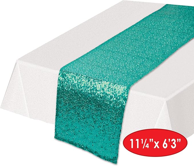 Beistle Turquoise Rectangular Shiny Sequined Table Runner