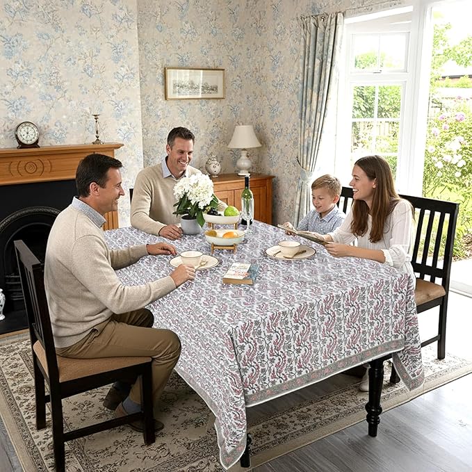 Ridhi Indian Cotton Tablecloth with Hand Block Print (Coral Pink Trails, 4 Seater 60x60 Inches Square)