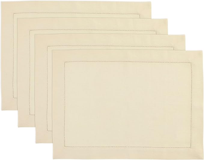 Solino Home Linen Cloth Placemats Set of 4-100% Pure Linen Medium Weight Hemstitch Creamy Ivory Placemats 14 x 19 Inch - Handcrafted and Machine Washable Table Place Mats