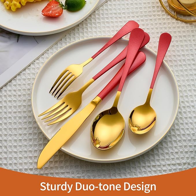 20 Piece Gold and Red 18/0 Flatware Utensil Set for 4, Include Dinner Knife,Dinner Forks,Dinner Spoons,Salad Forks,Teaspoons,Silverware Set for 4, Dishwasher Safe