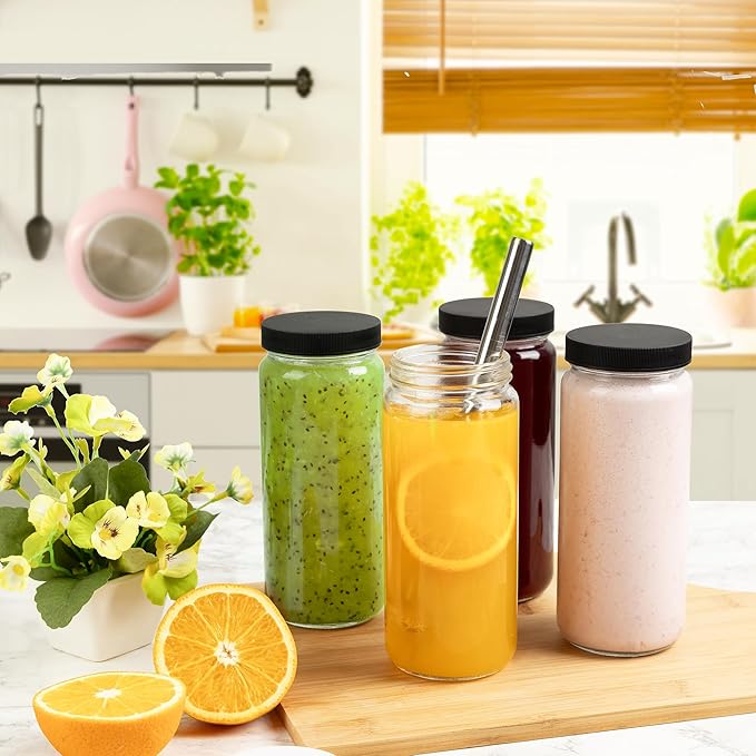 Glass Juice Bottles with Lids and Straws, 16 Oz - Set of 12 Reusable Clear Cups - For Drinking Smoothie, Iced Coffee, Juicing, Matcha, Water, Kombucha and More