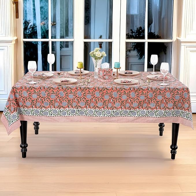 Ridhi Dark Salmon Pink Hand Block Print Cotton Rectangle Tablecloth 140" x 72" inches Reusable Table Cover Decorative Everyday Use for Dining, Farmhouse, Home, Party, Festive, Wedding, Fall