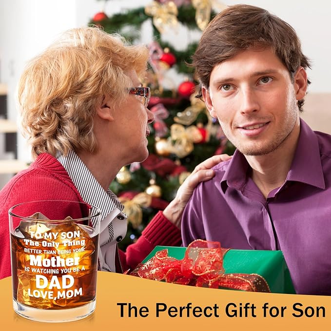 Futtumy Son Gifts from Mom, To My Son Watching You Be a Dad Whiskey Glass, Birthday Christmas Fathers Day Dad to Be Gifts, 10 OZ Old Fashioned Glass