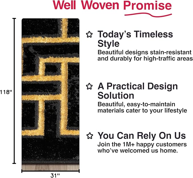 Well Woven Lezlee Abstract Modern 2'7" x 9'10" Runner - Black Gold Marble Border Elegant & Soft Rug - Perfect for Hallway, Entryway, Kitchen