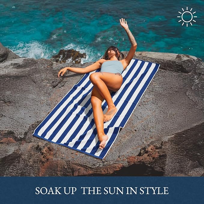 LANE LINEN 100% Cotton Beach Towel - 2 Pack Beach Towels Oversized, Cabana Stripe Large Beach Towel, Soft & Quick Dry Pool Towels, Beach Essentials for Women, Quick Dry Towel (36" x 72”) - Blue