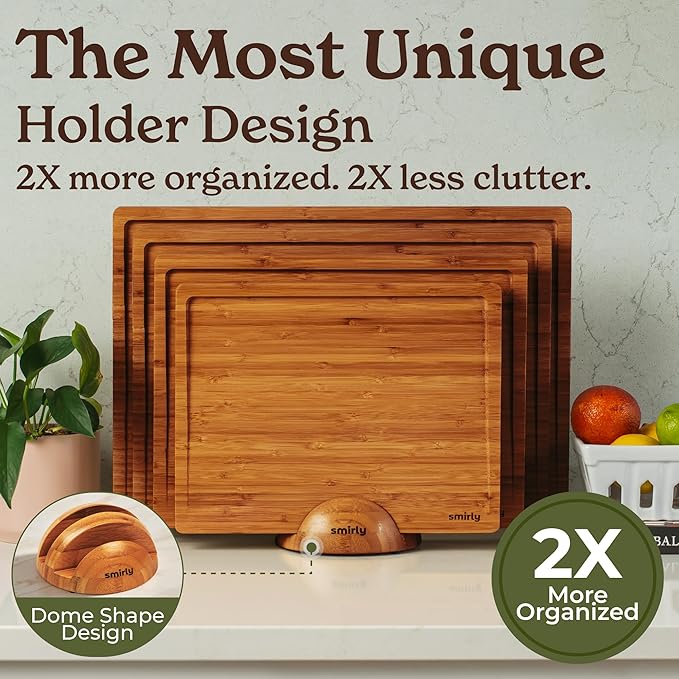 SMIRLY Bamboo Cutting Boards, Brown Bamboo Wood Cutting Board for Kitchen, Set of 4 with Holder & Deep Juice Groove, Butcher Block for Chopping Meat, Charcuterie Cheese Serving Tray, Kitchen Gadgets