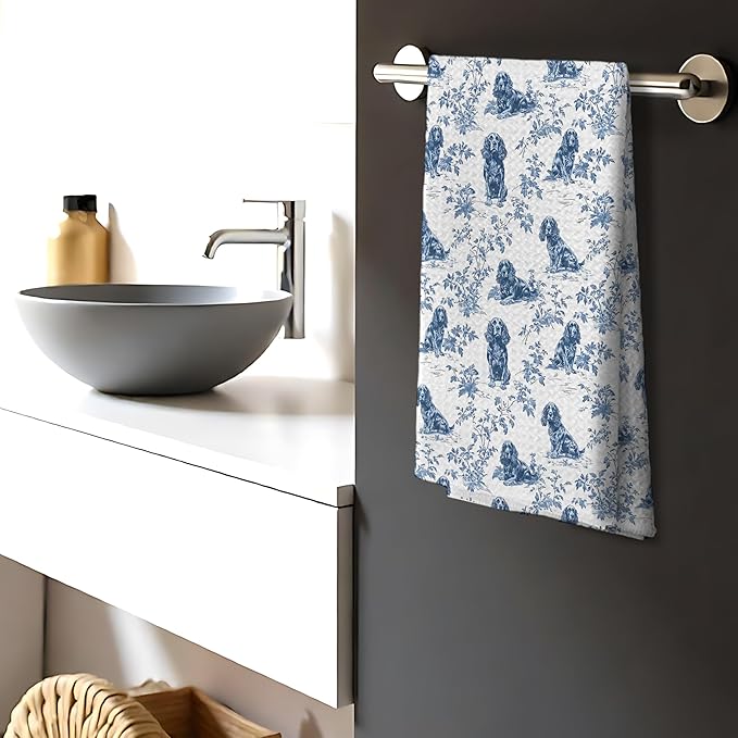 Nipi Chinoiserie Cavalier King Charles Spaniel Kitchen Towels, Grandmillennial Dog Hand Towels for Kitchen Bathroom, Blue and White Floral Cavalier Spaniel Decorative Dish Tea Towels, 16x24 Inch