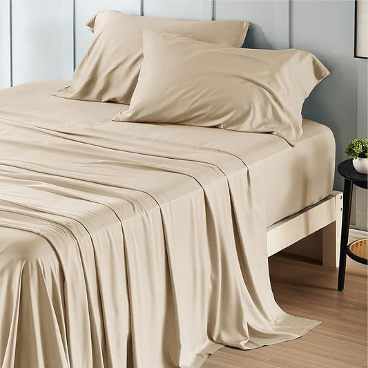 Bedsure Full Size Bed Sheets, Cooling Sheets, Rayon Derived from Bamboo, Breathable & Soft, Deep Pocket Up to 16 Inches, Hotel Luxury Silky Bedding for Hot Sleepers, Beige