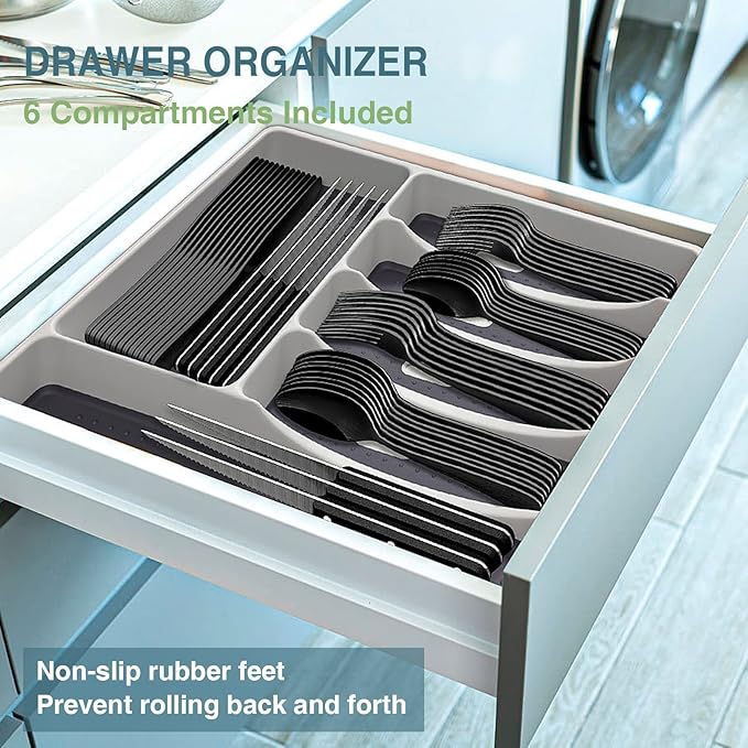 Black Silverware Set, Umite Chef 49-Piece Flatware Set with Drawer Organizer, Durable Stainless Steel Cutlery Set for 8, Tableware Eating Utensils with Steak Knives for Home Restaurant