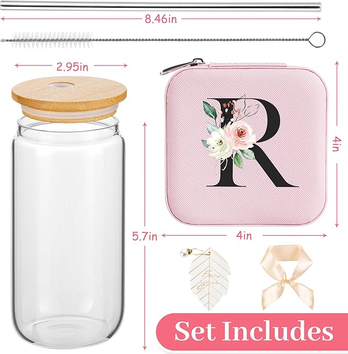 AYGXU Travel Must Have Jewelry Box glass cups with bamboo lids set,Small Travel Jewelry Case,birthday gifts for mom,Travel Gifts for Girls,Travel Jewelry Organizer,Initial R pink