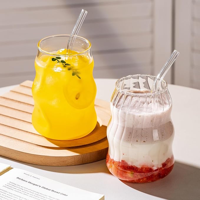 2 Pcs Ribbed Glass Cups Set with Straws 18 Oz Vintage Drinking Glassware Ripple Cocktail Glasses for Iced Coffee Soda Tea Juice Beverage Milk Reusable Tumblers