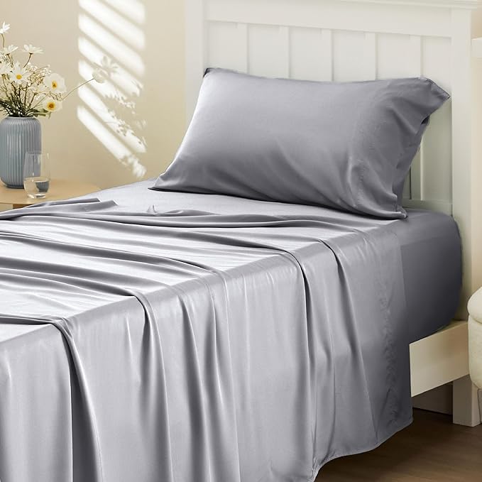 Bedsure Cooling Sheets Twin, Rayon Derived from Bamboo, Cooling Sheets, Breathable & Soft, Deep Pocket Up to 16 Inches, Hotel Luxury Silky Bedding for Hot Sleepers, Silver Grey