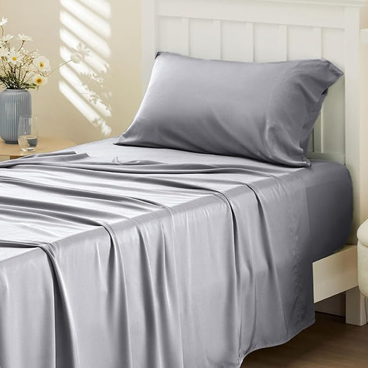 Bedsure Cooling Sheets Twin, Rayon Derived from Bamboo, Cooling Sheets, Breathable & Soft, Deep Pocket Up to 16 Inches, Hotel Luxury Silky Bedding for Hot Sleepers, Silver Grey
