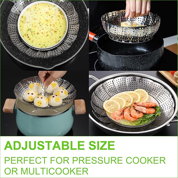 Vegetable Steamer Basket for Cooking, Stainless Steel Veggie Fish Food Steamer Basket, Folding Expandable Steamers to Fit Various Size Pot