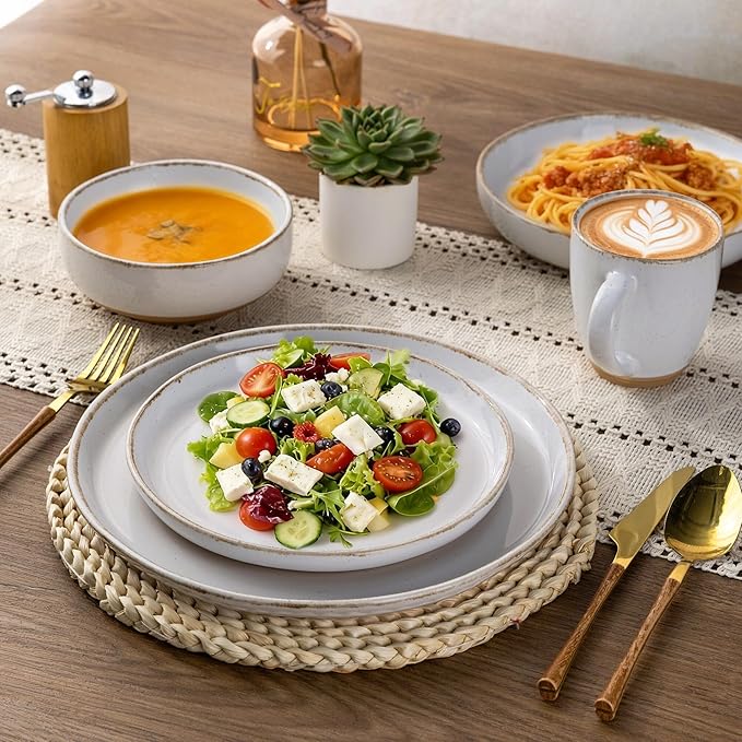 AmorArc 24 Pieces Ceramic Dinnerware Sets for 8, Handpainted Stoneware Plates and Bowls Set with Rustic Terracotta Underside, Scratch Resistant Dishes Set, Dishwasher & Microwave Safe, White