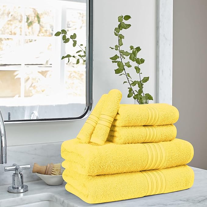 BOUTIQUO 6 Pack Cotton Towel Set, Contains 2 Bath Towels 28x55 inch, 2 Hand Towels 16x24 inch & 2 Wash Coths 12x12 inch, Ideal Everyday use, Ultra Soft Compact & Lightweight - Lime Yellow