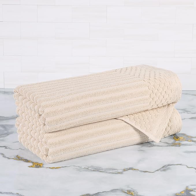 Cotton 2-Piece Solid and Ribbed Bath Towel Set, Bath Towels- 27" x 54", Ivory by Superior