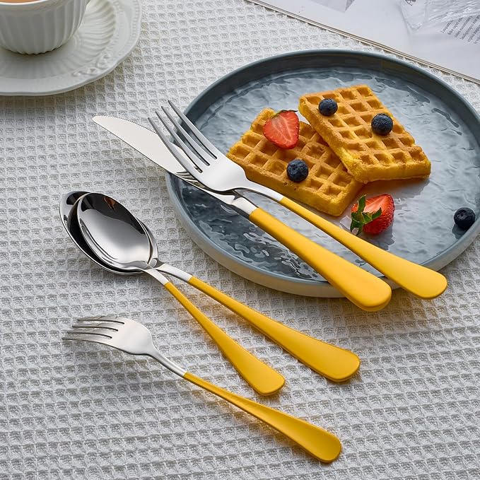 20 Piece Yellow 18/0 Flatware Utensil Set for 4, Include Dinner Knife,Dinner Forks,Dinner Spoons,Salad Forks,Teaspoons,Silverware Set for 4, Dishwasher Safe