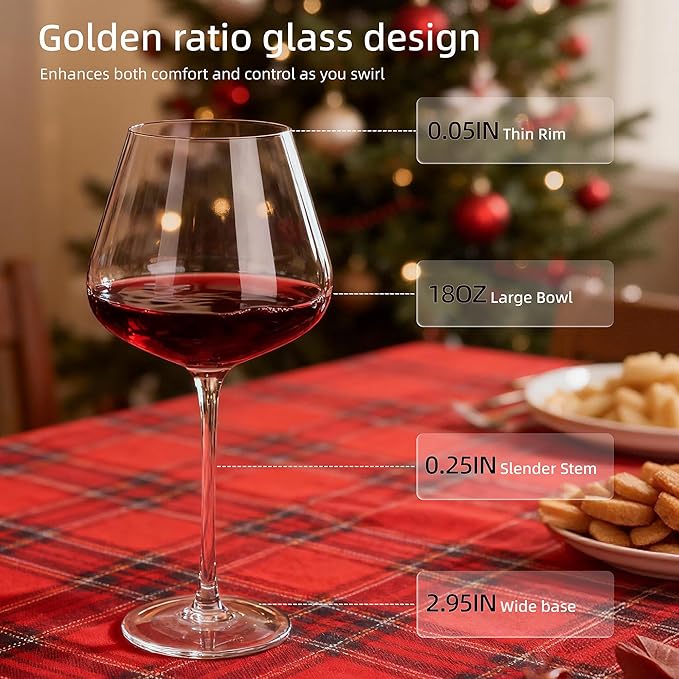 Wine Glasses Set of 4, 18OZ Large Crystal Red Wine Glasses, Hand Blown Vintage Wine Glasses with Thin Rim, Large Bowl, Long Stem, Gifts for Christmas, Housewarming, Birthday