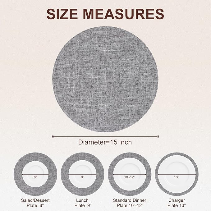 homing 15 Inch Round Cloth Placemats Set of 6, Cotton Linen Blend Washable Table Mats, Farmhouse Dining Place Mats for Indoors & Outdoors, Easy to Clean, Dark Grey