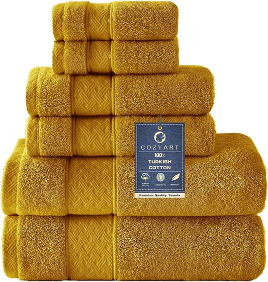 COZYART Gold Bath Towel Set 6 Piece, 2 Bath Towels 2 Hand Towels 2 Washcloths, Luxury 100% Turkish Cotton 650GSM Hotel Quality, Soft, Absorbent, Towel Sets for Bathroom