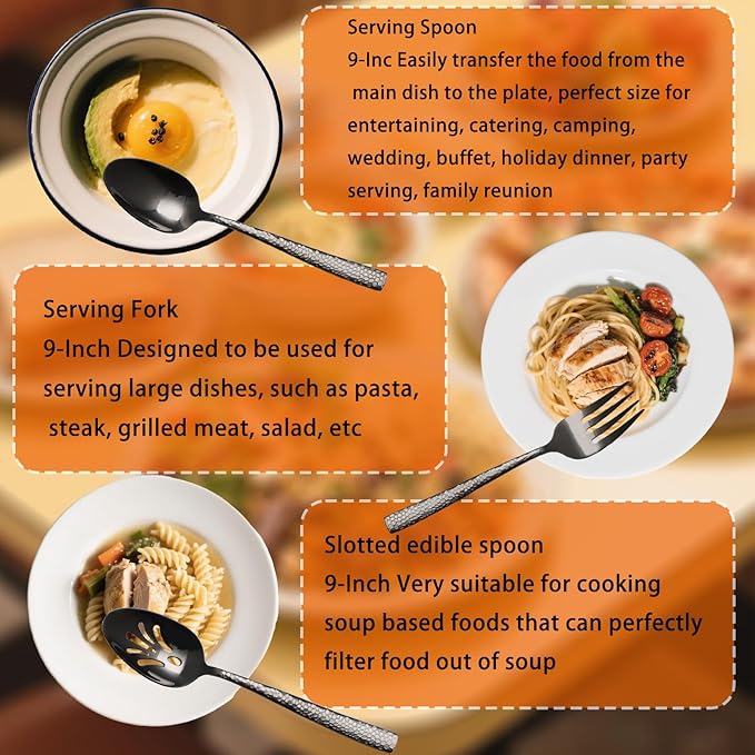 Large Hostess Serving Utensils Set, Stainless Steel Heavy Duty Hammered Serving spoons, Slotted Spoons, Serving Fork, Cake Server, Butter Knife, Dishwasher Safe（Black）