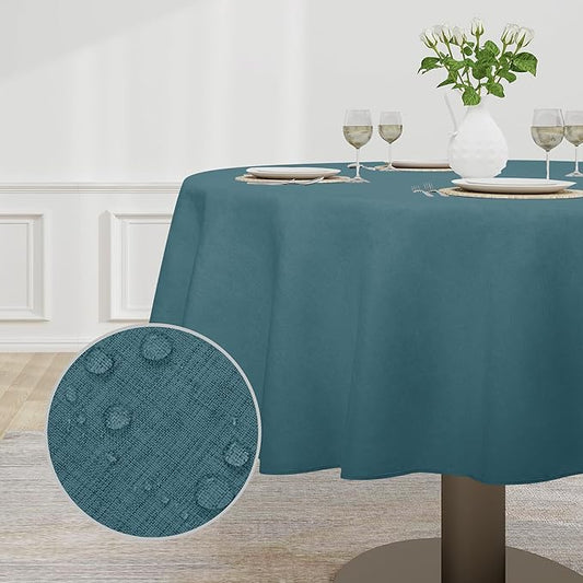 Easy-Going Faux Linen Waterproof Spill-Proof Tablecloth Stain Resistant Round Table Cloth Wrinkle Free Decorative Fabric for Kitchen, Dining, Party, Weddings, Restaurants (60 in-Round, Turquoise)