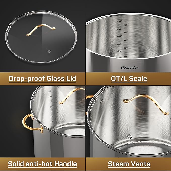 Stock Pot 20 Quart, 3 Ply Stainless Steel Stock Pot with Lid, 20 Quart Soup Pot with Copper Handle, Healthy Stockpots, Induction, Oven, Gas and Dishwasher Safe
