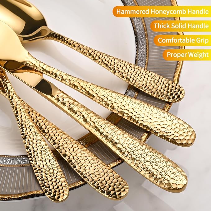 Gold Hammered Silverware Set, 40-Piece Heavy Duty Stainless Steel Flatware Sets for 8, Food-Grade Cutlery Set for Home Restaurant, Mirror Polished, Dishwasher Safe