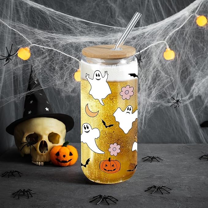 Joeyan Halloween Glass Cups with Lids and Straws,20 oz Pumpkin Ghost Iced Coffee Tumbler,Cute Spooky Can Shaped Beer Drinking Glasses,Holiday Gifts for Women Mom Friend Teen