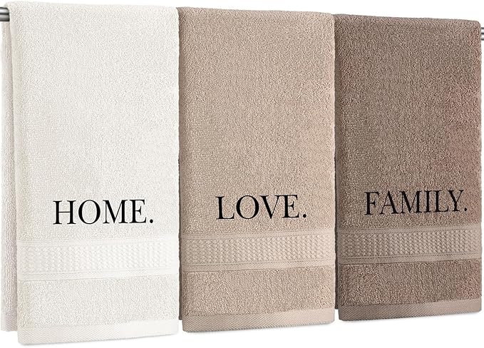 3 Pcs Farmhouse Decorative Hand Towels for Bathroom and Kitchen Rustic Embroidered 100% Cotton Hand Towels Decorative Set for Boho Bathroom Decor (Brown,Home,Love,Family)