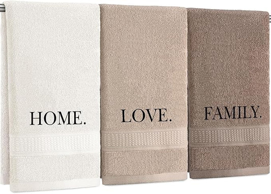 3 Pcs Farmhouse Decorative Hand Towels for Bathroom and Kitchen Rustic Embroidered 100% Cotton Hand Towels Decorative Set for Boho Bathroom Decor (Brown,Home,Love,Family)