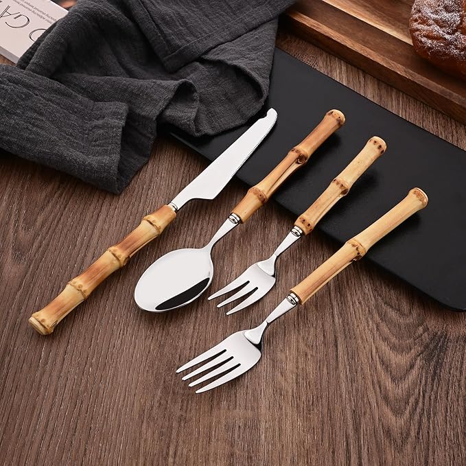 30PCS Silverware Set for 6, Bamboo Handle Flatware Set, Stainless Steel Cutlery Set for Home Restaurant and Party, Bamboo Forks Spoons and Knives Set, Polished Tableware