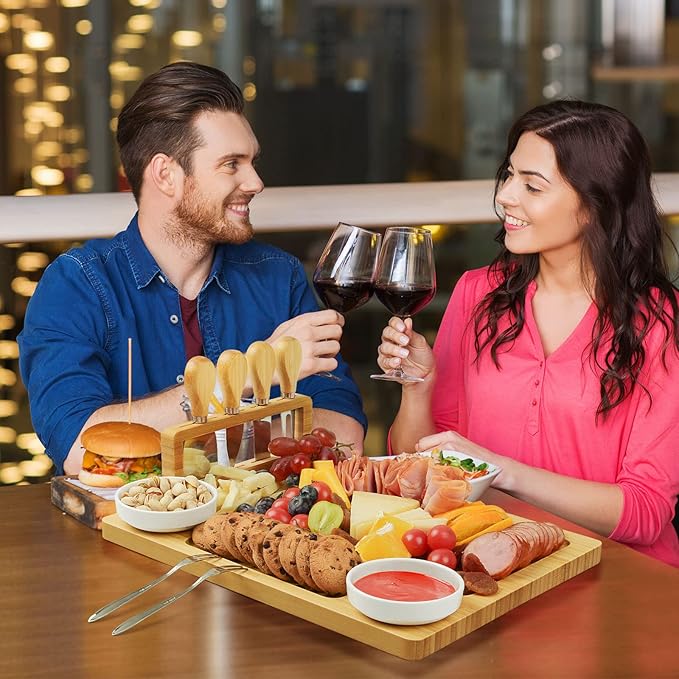 Bamboo charcuterie boards Gift Set - Serving Meat Cheese Board, Charcuterie Board Set with 4 Stainless Steel Cheese Knife, Ideal for House Warming Gifts New Home, Christmas, Bridal Shower Gift