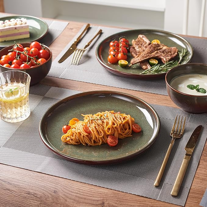 Stoneware Dinnerware Sets for 6, 18 Pieces Ceramic Plates and Bowls Sets, Chip and Scratch Resistant Dish Set, Dishwasher & Microwave Safe Plate Set, Brown Green