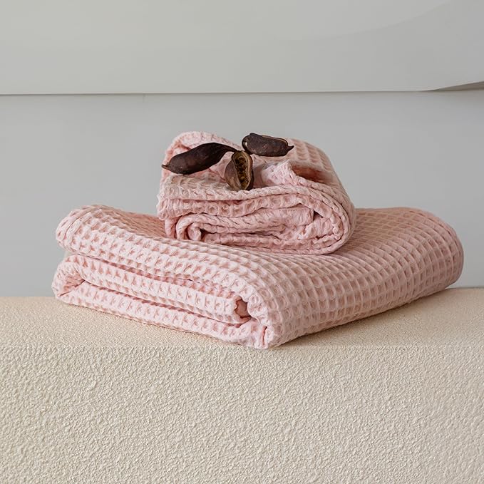 2-Piece Waffle Towels Set for Bathroom Pink - Soft 100% Turkish Cotton Quick-Dry Lint-Free Waffle Weave Thin Bath and Hand Towels (Light Pink, Set of 2 Mix Towels)