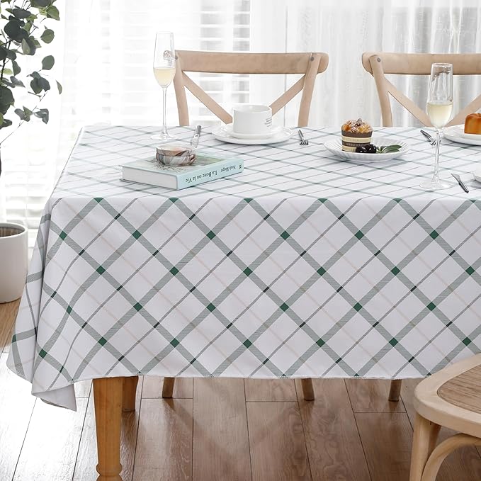 Heavy Duty Vinyl Tablecloth with Flannel Backing Waterproof Oil-Proof Plastic Table Cloth Stain-Resistant Wipeable Rectangle or Square Table Cover for Indoor and Outdoor (Green Plaid,52x70 Inch)