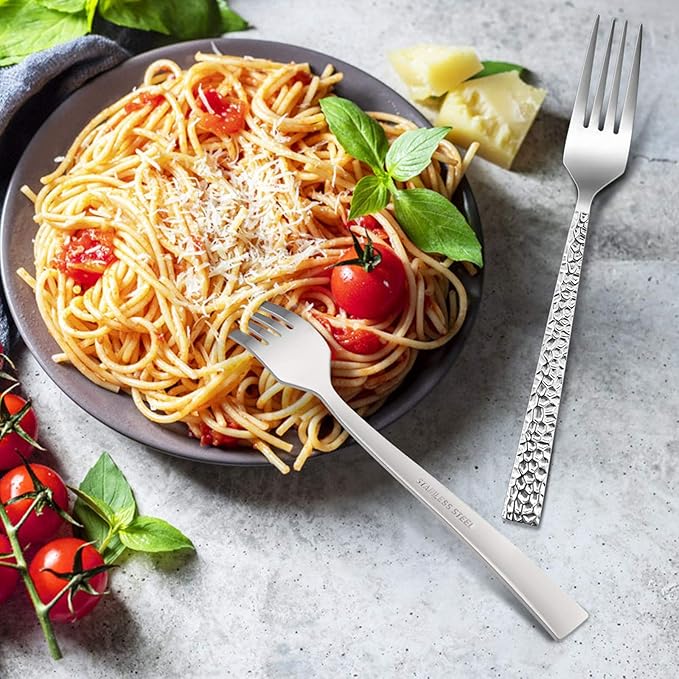 E-far 12-Piece Hammered Dinner Forks Set, 7.9 Inch Stainless Steel Forks for Home, Kitchen or Restaurant, Non-toxic & Mirror Polished, Squared Edge & Dishwasher Safe