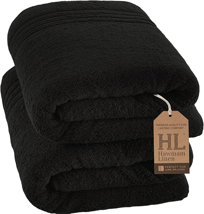 Hawmam Linen Jumbo Large Bath Sheets Towels 2 Pack Soft and Absorbent, Premium Quality 100% Cotton Towels (Black, Bath Sheet)