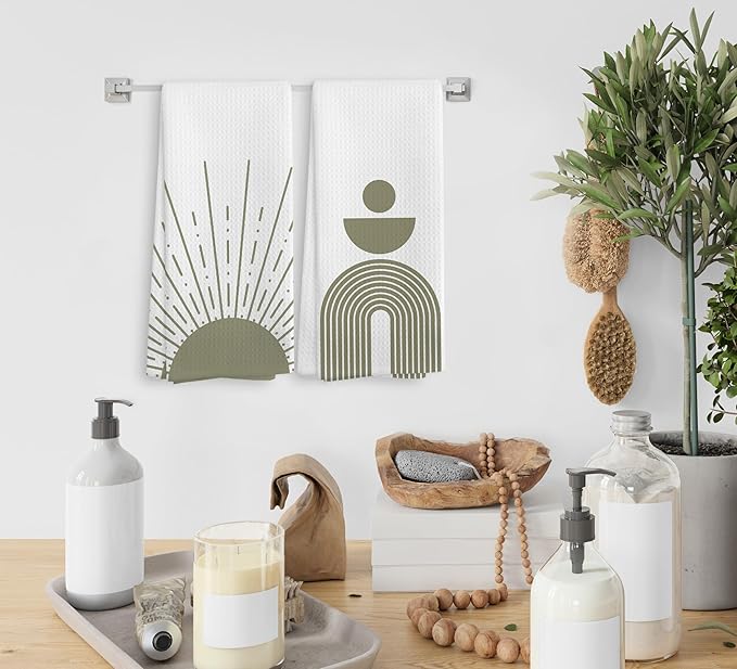 Boho Abstract Sage Green Sun Sunrise Sunshine Rainbow Geometric Shapes Kitchen Towels and Dishcloths Sets of 2,Boho Absorbent Drying Cloth Hand Towels Tea Towels for Bathroom Kitchen,16×24 inches