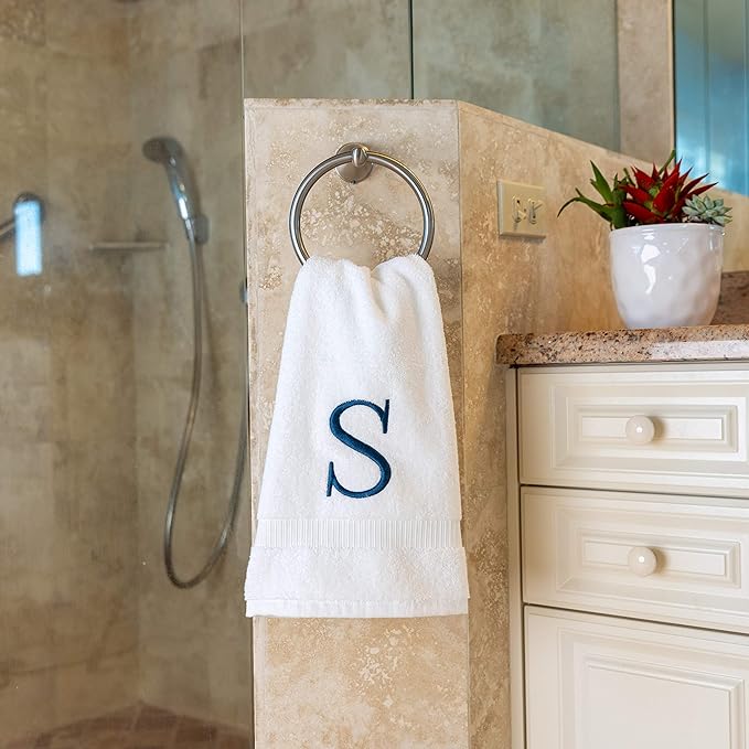Monogrammed Hand Towels for Bathroom - Luxury Hotel Quality Personalized Initial Decorative Embroidered Bath Towel for Powder Room, Spa - GOTS Organic Certified - Set of 2 Navy Letter S