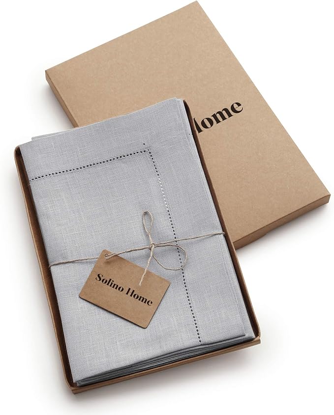 Solino Home Linen Napkins Set of 4 - Classic Hemstitch 100% Pure Linen Soft Grey Dinner Napkins Cloth 20 x 20 Inch for Winter, New Year - Handcrafted and Machine Washable