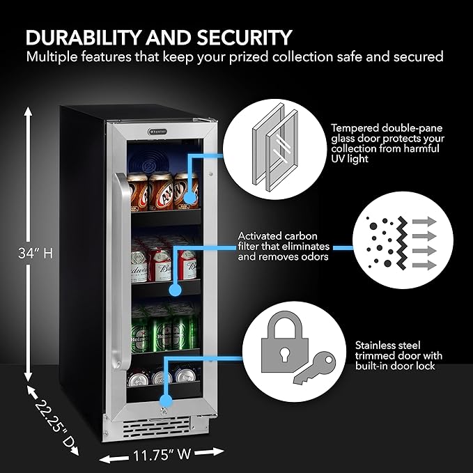 Whynter BBR-638SB Built-in Under Counter 12 inch Beverage Refrigerator and Cooler, Fridge with Glass Door, 2.0 Cubic Feet, Stainless, 75 Capacity