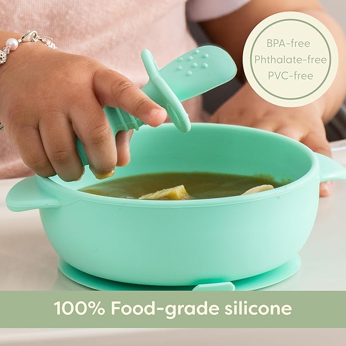 UpwardBaby Self-Feeding Spoon with Choke Barrier - Silicone Baby Spoons Toddler Utensils for Home & Travel, Textured Tips Massage Gums & Baby-Led Weaning, Tiny, Pack of 3, Blue/Gray/Mint