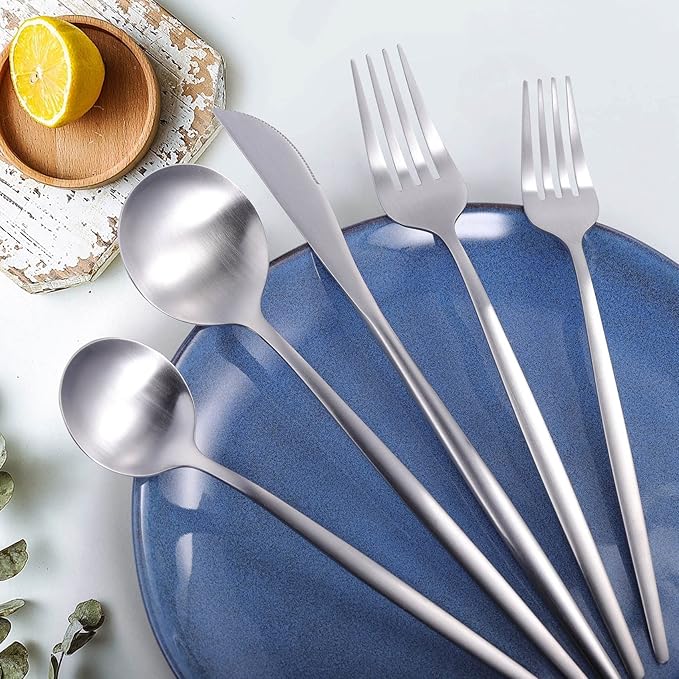 MIKIWAY 20-Piece Silverware Set for 4, Stainless Steel Flatware, Matte Cutlery Tableware, Kitchen Utensils Include Spoons and Forks, Satin Polished, Dishwasher Safe