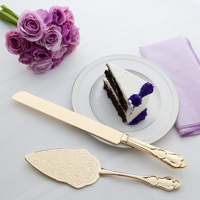 Ella Celebration Cake Knife & Server Set, Wedding, Anniversary, Vintage Party Supplies Dessert Gift Set (Elegant Light Gold)